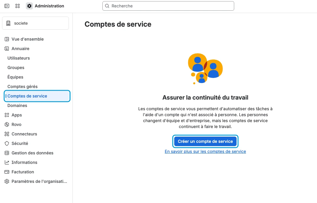 admin.atlassian.com : menu Annuaire, entrée Comptes de service, et le bouton Créer un compte de service