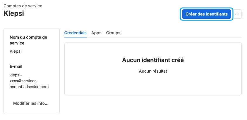 Fiche du compte de service Klepsi : son adresse en serviceaccount.atlassian.com et le bouton Créer des identifiants