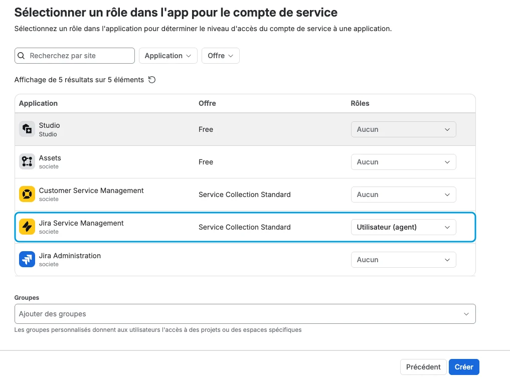 Choix des rôles du compte de service : Utilisateur (agent) sur Jira Service Management, Aucun sur les autres applications, aucun groupe